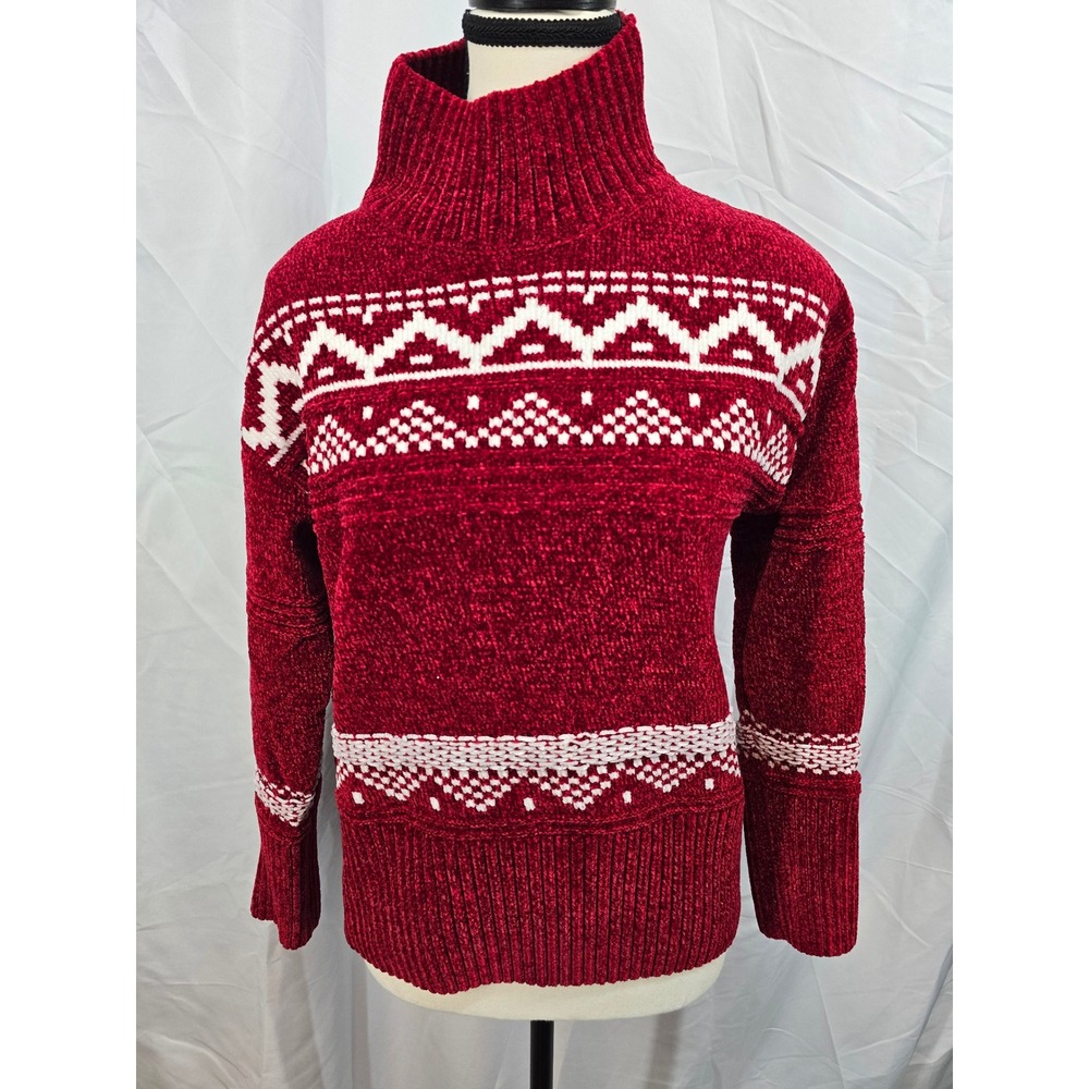Christian Siriano New York Red Chenille Fair Isle Mock Neck Sweater Womens Small